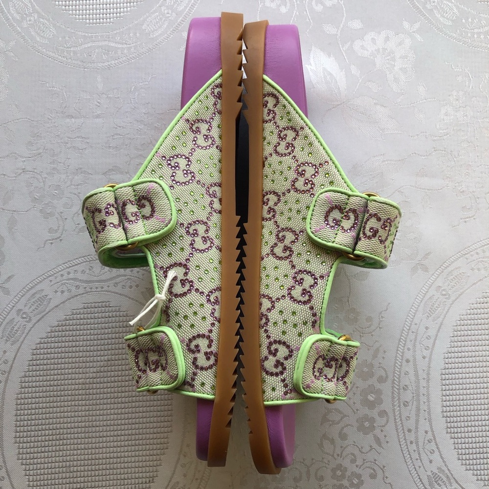 Gucci Crystal Canvas Purple/Lime GG Slides Sandals Women’s Size 39+ US-9 Shoes - Picture 7 of 14